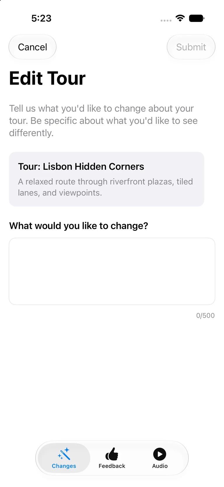 Travvy request changes screen